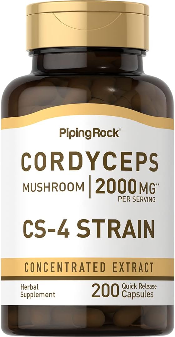 Piping Rock Cordyceps Mushroom Capsules 2000mg | 200 Count | CS-4 Strain | Concentrated Extract | Herbal Supplement | Non-GMO, Gluten Free