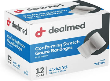 Dealmed 4" Non-Sterile Conforming Stretch Gauze Bandages, 4.1 Yards Latex Free Stretched Dressing Wrap, Medical Non-Adherent Wound Care Mesh Bandages (Box Of 12 Rolls)