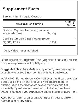 Swanson Turmeric & Black Pepper - Organic Joint Health, Heart Health, Digestion, & Liver Support Supplement - Natural Formula For Enhanced Bioavailability & Absorption - (60 Veggie Capsules)