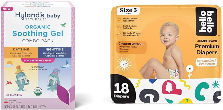 Hyland's Baby - Organic Day/Night Soothing Gel Combo Pack, Natural Relief of Oral Discomfort (2 Tubes of 0.53 oz.) + Hello Bello Premium Baby Diapers Size 5, 18 Count : Baby