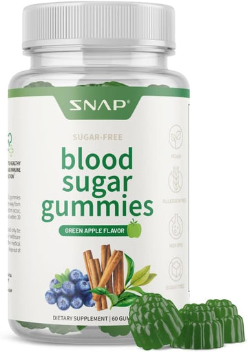 Snap Supplements Blood Sugar Gummies, Support Already Healthy Blood Sugar Levels, Cinnamon Bark And Blueberry Fruit Extract, Green Apple Flavor, 60 Gummies