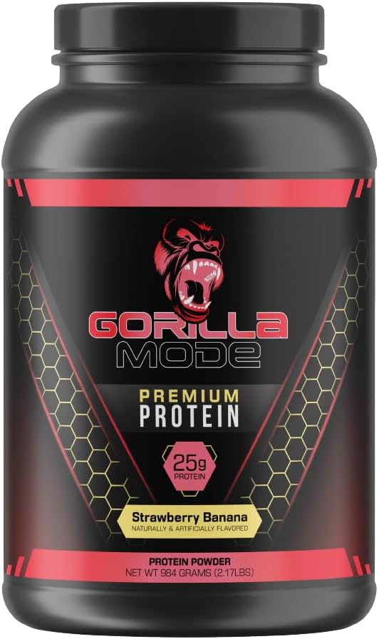 Gorilla Mode Premium Whey Protein - Strawberry Banana / 25 Grams of Whey Protein Isolate & Concentrate/Recover and Build Muscle (30 Servings)