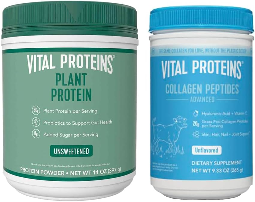 Vital Proteins Collagen Peptides Powder, 9.33 oz Unflavored + 14 oz Unsweetened Plant Protein Powder