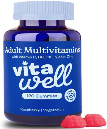 Vitawell Adult Multivitamin Gummies - 120 Raspberry Flavour Gummies (2 Month Supply) | Complex Vitamin D Formula | Chewable Multivitamins For Men & Women | Immune Support | 10 Essential Adult Vitamin