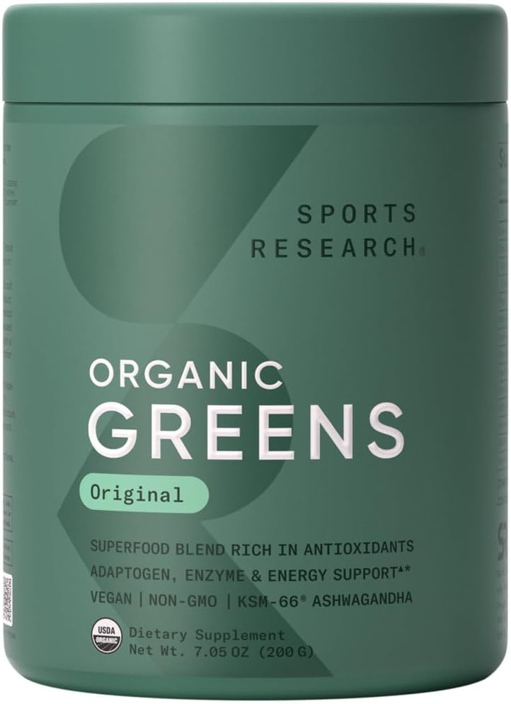 Sports Research® Organic Greens Superfood Powder W/Spirulina & Chlorella, Adaptogens, Enzymes, Probiotics & B Vitamins For Gut & Mood Support* - Vegan, Sugar-Free & Low Cal - 20 Servings