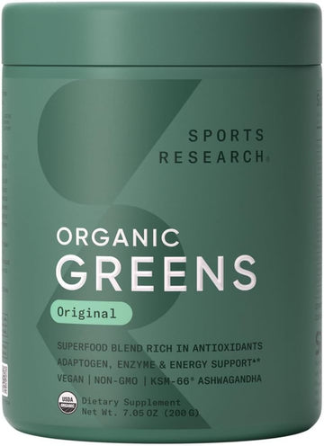 Sports Research® Organic Greens Superfood Powder W/Spirulina & Chlorella, Adaptogens, Enzymes, Probiotics & B Vitamins For Gut & Mood Support* - Vegan, Sugar-Free & Low Cal - 20 Servings