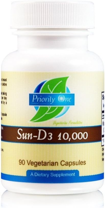 Priority One Vitamins Sun D3 10,000 90 Vegetarian Capsules - The Most bioavailable Form of Vitamin D (cholecalciferol)