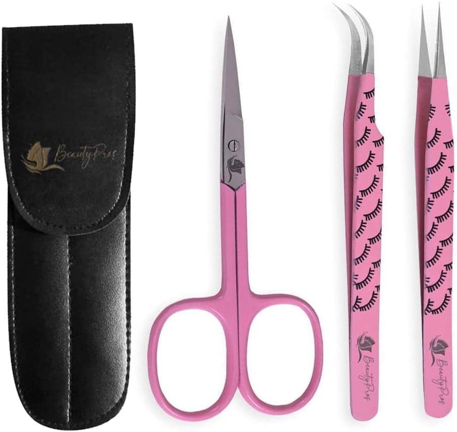 Lash Tweezers For Eyelash Extensions -Tweezer Set Straight & Curved Tweezers With Eyebrows Scissor - 3 Pieces Lash Extension Kit Stainless Steel (Pink)