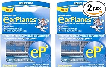Earplanes Ep2 Ultra-Reusable Earplugs, Airplane Pressure Prevention Earplugs For Children/Smaller Ears. (2 Pairs)