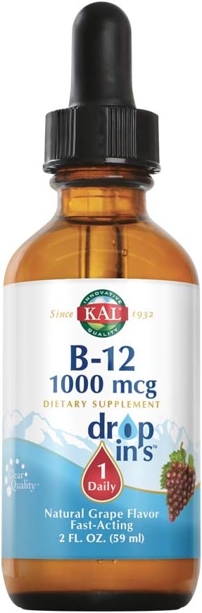 KAL B12 1000 mcg DropIns, High Absorption Liquid B12 Vitamin, Healthy Energy Supplements for Metabolism, Heart Health, Nerve, Red Blood Cell Support, Natural Grape Flavor B12 Drops, 196 Servings, 2oz : Health & Household