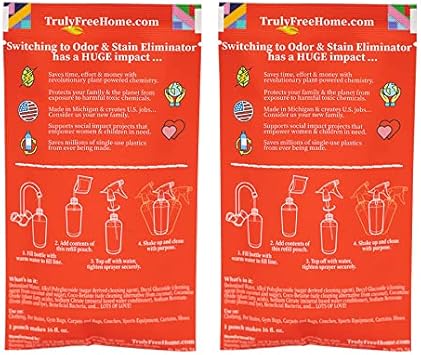 2-Pack Trulyfree Odor & Stain Eliminator - Odor And Stain Remover For Upholstery, Dog Pee, Etc - Includes: Empty Refillable 16Oz Spray Bottle, 2 Refill Pouches (3 Oz Ea), One For Initial Fill