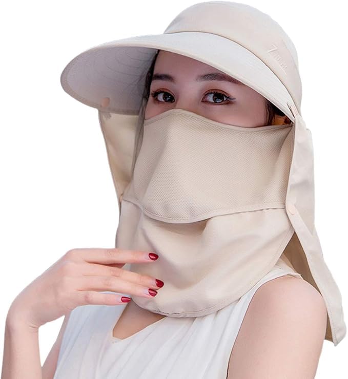 INFINIBYTE Sun Hat for Women – UV Protection Wide Brim Fishing Hat with Detachable Face Cover & Neck Flap, Waterproof Nylon Outdoor Cap for Hiking (Beige)