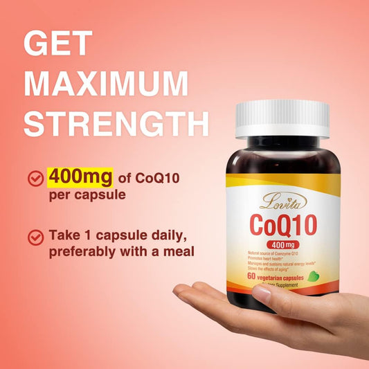 Lovita Coq10 400Mg Supplements | Easliy Absorbed Coenzyme Q10 Powder | Antioxidant Co Q10 Enzyme | Support Heart Health | Vegan | 60 Capsules