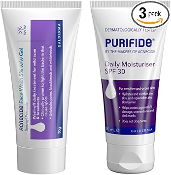 Acnecide + Purifide Wash-Off Skincare Set, With Acnecide Face Wash Gel For Acne Treatment & Spot Treatment With Benzoyl Peroxide (50G) & Purifide Spf 30 Moisturiser (50Ml)
