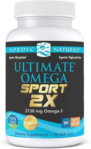 Nordic Naturals Ultimate Omega Sport 2X, Lemon Flavor - 60 Soft Gels - 2150 mg Omega-3 - NSF Certified Fish Oil with EPA & DHA - Heart & Muscle Health, Recovery - Non-GMO - 30 Servings