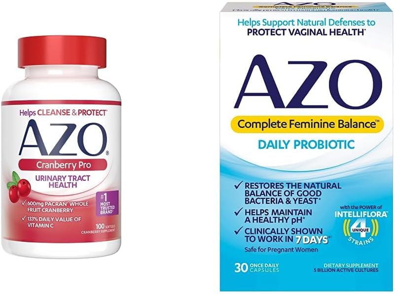 Azo Cranberry Pro Urinary Tract Health Supplement 600Mg Pacran, 1 Serving = More Than 1 Glass Of Cranberry Juice 100 Ct + Complete Feminine Balance Daily Probiotics For Women 30 Count