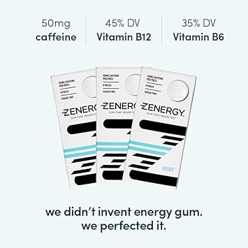Zenergy Energy Gum - Mint Flavor | 50Mg Caffeine + 35% B6 And 45% B12 Vitamin | Vegan, 0 Sugar, 0 Calories, 0 Gluten, 0 Aspartame, Non-Gmo, Instant Action | 3 Pack = 24 Count