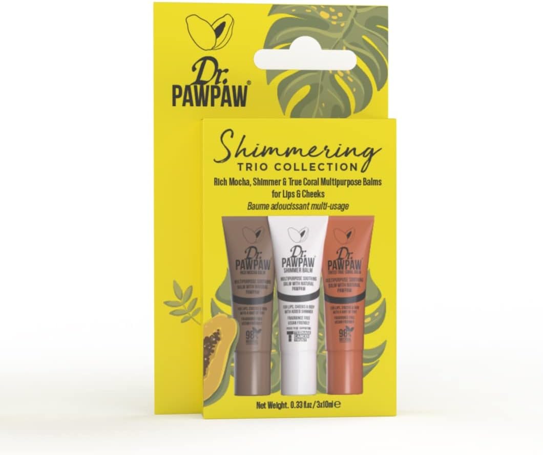 Dr.Pawpaw Shimmering Trio Gift Set: Shimmer,True Coral,Rich Mocha Multi-Purpose Natural No Fragrance Balm For Hydrating Lips, Skin, Hair, Cuticles, Nails & Beauty Finishing (10 Ml Each)