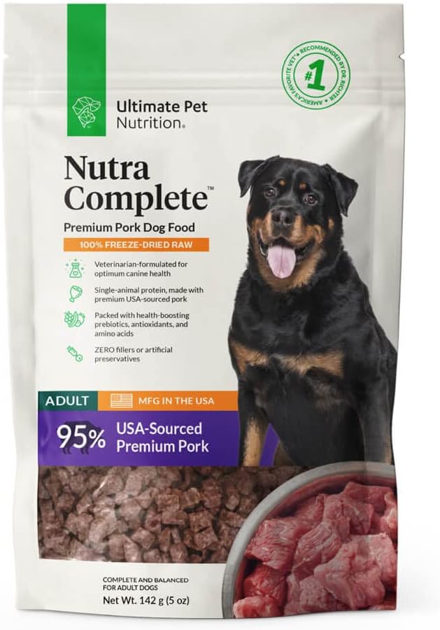 ULTIMATE PET NUTRITION Nutra Complete, 100% Freeze Dried Veterinarian Formulated Raw Dog Food with Antioxidants Prebiotics and Amino Acids, (5 Ounce, Pork)
