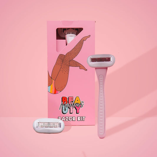 Mallows Beauty Razor Kit, Contains A Razor Handle And 2 Heads With Vegan Lubricating Strips, Aloe Vera And Vitamin E, Razors For Women, Pack Of 2