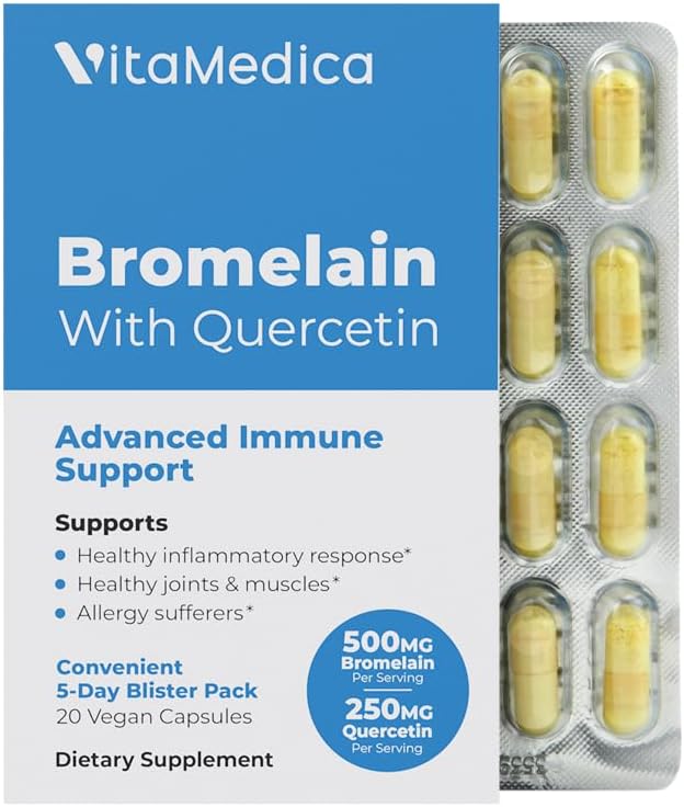 Vitamedica Bromelain With Quercetin Supplement | 2400 Gdu/Gram Vegan Capsules For Healthy Tissues, Joint And Muscle Support | Plant Based Natural Formula | 20 Ct | 5 Day Supply