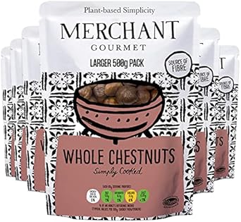 Merchant Gourmet Whole Cooked Chestnuts - Naturally Sweet, Nutty Flavour, Source Of Fibre, Low Fat & Vegan - Ideal For Snacking & Baking - Pack Of 10 X 500G Ready-To-Eat Pouches