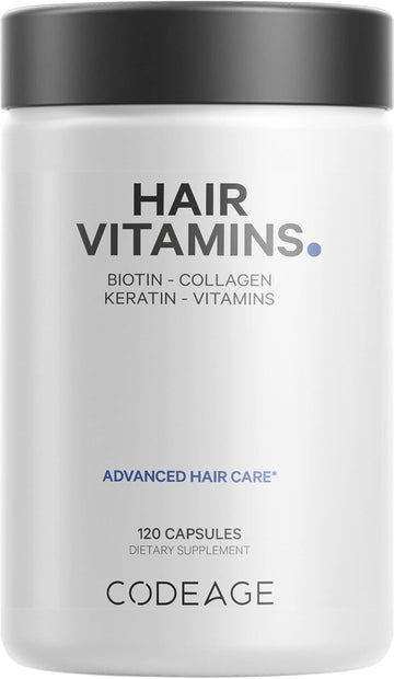 Codeage Hair Vitamins 10000 Mcg Biotin, Keratin, Collagen, Vitamin A, B12, C, D3, E, Zinc, Turmeric, Probiotics, Enzymes, Inositol - Hair Care Support - Healthy Hair Supplement Pills - 120 Capsules