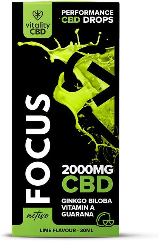 Vitality Cbd Active Focus Drops With Ginkgo Biloba, Vitamin A, Guarana, 2000Mg Of Cbd, 30Ml, Lime Flavour, No Thc