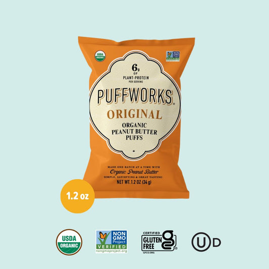 Puffworks Original Organic Peanut Butter Puffs, Plant-Based Protein Snack, Gluten- and Rice-Free, Vegan, Kosher, 1.2 Ounce (Pack of 12)