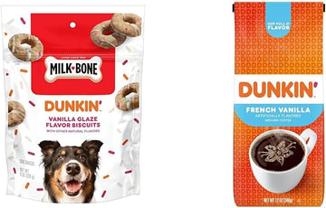 Milk-Bone Bundle Dunkin' Limited Edition Vanilla Glaze Flavor Dog Treats 8 Ounce + Dunkin' French Vanilla Flavored Ground Coffee 12 Ounce