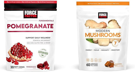Force Factor Pomegranate Soft Chews For Healthy Aging, Heart Health, Bone Health, Brain Health, 30 Soft Chews Modern Mushrooms Soft Chews, Mushroom Supplement, Cinnamon Roll, 60 Soft Chews