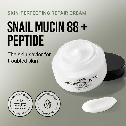 Jumiso Snail Mucin 88 Peptide Cream - Korean Face Moisturizer 5-Peptide Complex Collagen Boost Hyaluronic Acid Niacinamide Damaged Skin Repair - Sensitive Skin Non-Comedogenic 3.38 Oz