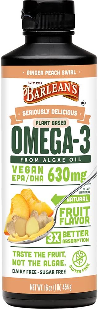 Barlean's Ginger Peach Vegan Omega 3 Supplement, Liquid Algae Oil with 630 mg EPA & DHA, Plant Based Omegas from Algal Oil, Non-GMO & Gluten Free, 16 oz