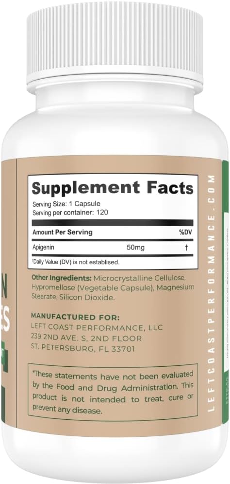 Left Coast Performance Apigenin Supplement 50Mg Capsules - 4 Month Supply - Powerful Flavonoid For Improved Sleep, Relaxation And Stress