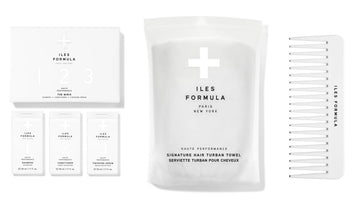 Iles Formula Limited Travel Edition Hair Care Set With Mini Shampoo, Conditioner, Finishing Serum, Comb, & Absorbent Turban Hair Towel, Travel-Friendly
