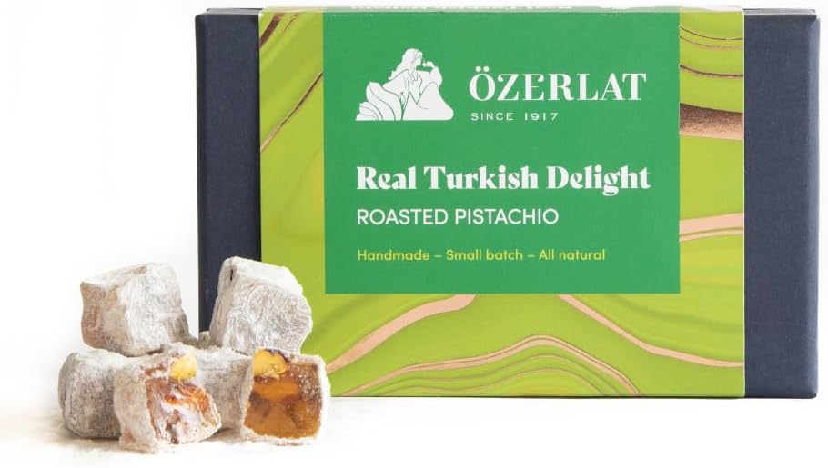 Ozerlat Real Turkish Delight, Roasted Pistachio – Luxury Gourmet Artisan Dessert Sweets, Premium Quality Natural Ingredients, Vegan, Gluten Free, (200G)