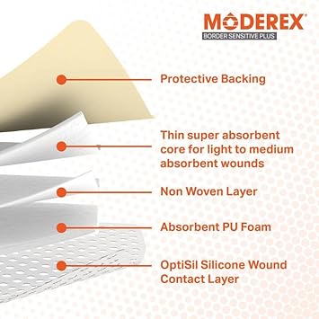 Silicone Lite Foam Dressing (Moderex Border Sensitive Plus) With Border For Light To Moderate Exuding Wounds For Sensitive Skin (7.5X7.5Cm X 10)