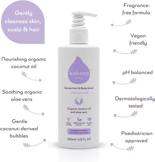 Kokoso - Baby Hair & Body Wash, Unfragranced - Natural Coconut Oil & Aloe Vera - Suitable For Sensitive & Eczema Prone Skin - 98% Naturally Derived, Safe From Birth - 200Ml