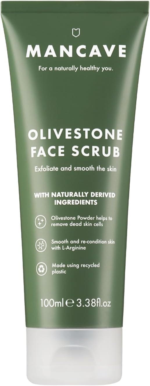 Mancave Olivestone Face Scrub 100Ml, Exfoliates & Smoothes, Fight Dullness And Dead-Skin Build Up, Natural Effective Smoothing Exfoliants Using Olive Stone Particles, Vegan, Made In England