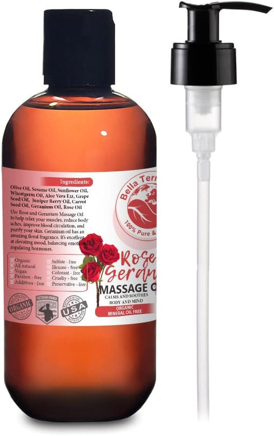 Rose and Geranium Massage Oil without Mineral Oil. 8 oz. Full Body Massage Therapy. Soothes Body and Mind. Made with Olive Oil, Sesame Oil, Sunflower Oil, Aloe Vera, Geranium Oil, Rose Oil
