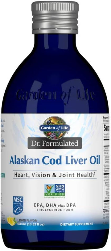 Garden Of Life Dr. Formulated Alaskan Cod Liver Oil - Lemon Flavor, 80 Servings - 1000 Mg Omega 3S (Epa, Dha & Dpa) + Vitamins A & D, Non-Gmo, Sustainably Sourced & Line-Caught, 400Ml (13.52 Fl Oz)