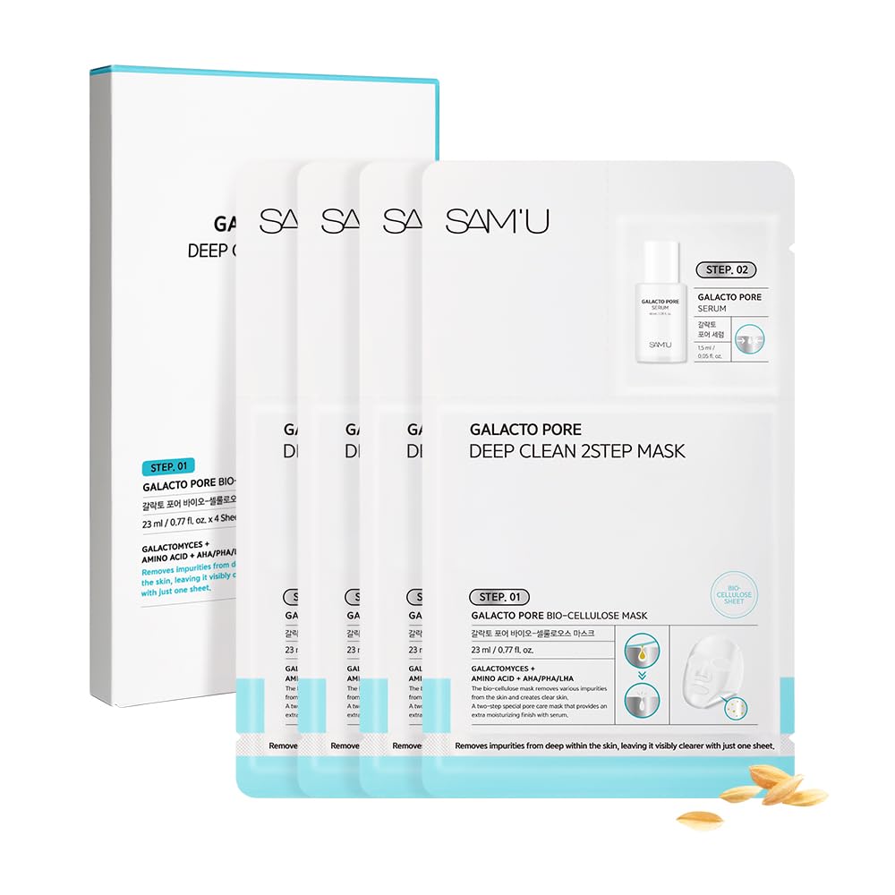 Sam'U Galacto Pore Two Step Mask Pore Cleansing & Hydrating Korean Face Mask, Aha/Bha/Pha + Lha Exfoliating Formula With Amino Acids & Centella Asiatica For Korean Glass Skin (4 Sheets)