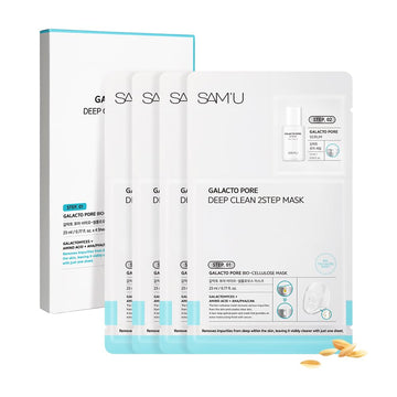 Sam'U Galacto Pore Two Step Mask Pore Cleansing & Hydrating Korean Face Mask, Aha/Bha/Pha + Lha Exfoliating Formula With Amino Acids & Centella Asiatica For Korean Glass Skin (4 Sheets)
