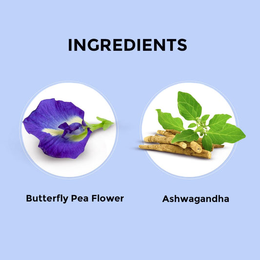 Blue Tea - Butterfly Pea Flower Tea - Ashwagandha - 10 Count - Plant Based Tea Bag | Detox Tea | Ayurvedic Blend - Caffeine Free - Flower Based - Vegan - Non-Gmo - No Additives | Ziplock Pack