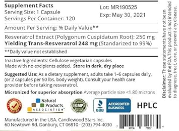 Mega Resveratrol, Pharmaceutical Grade, 99% Pure, Micronized Trans-Resveratrol, 120 Capsules, 250 Mg Per Capsule. Purity Certified. Absolutely No Toxic Inactive Ingredients Added