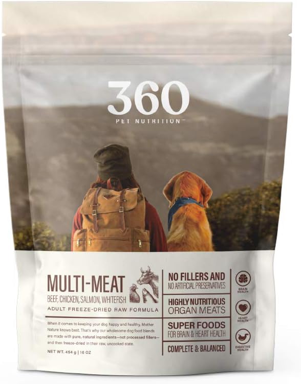 360 Pet Nutrition Freeze Dried Raw Complete Meal for Adult Dogs, High Protein, Omega 3's, No Fillers, Made in The USA, 16 Ounce (Multi Meat)