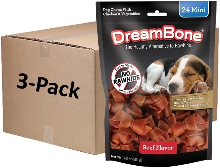 Dreambone Mini Chews with Real Beef, Rawhide-Free Chews for Dogs, Mini, 72 Count (3 Packs of 24 Count)