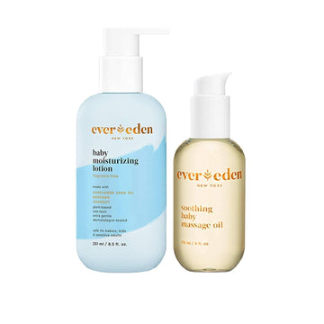 Evereden Baby Skin Moisture Duo | Soothing Baby Massage Oil, 4 fl oz & Fragrance Free Baby Moisturizing Lotion, 8.5 fl oz | 2 Item Bundle Set | Clean and Unscented Baby Care