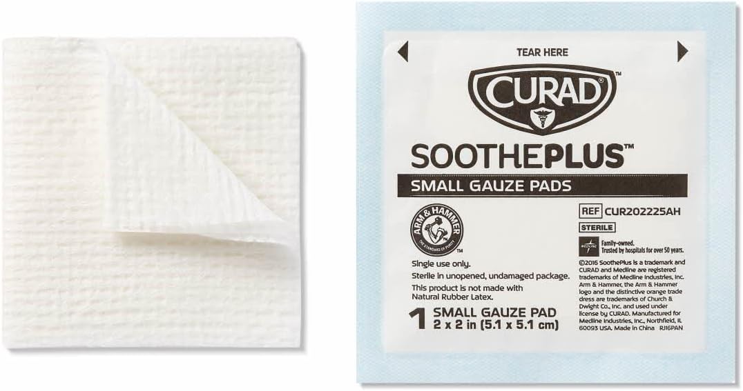 Curad SoothePLUS Gauze Pads with ARM & HAMMER Baking Soda, 2" x 2", 25 count, White : Health & Household