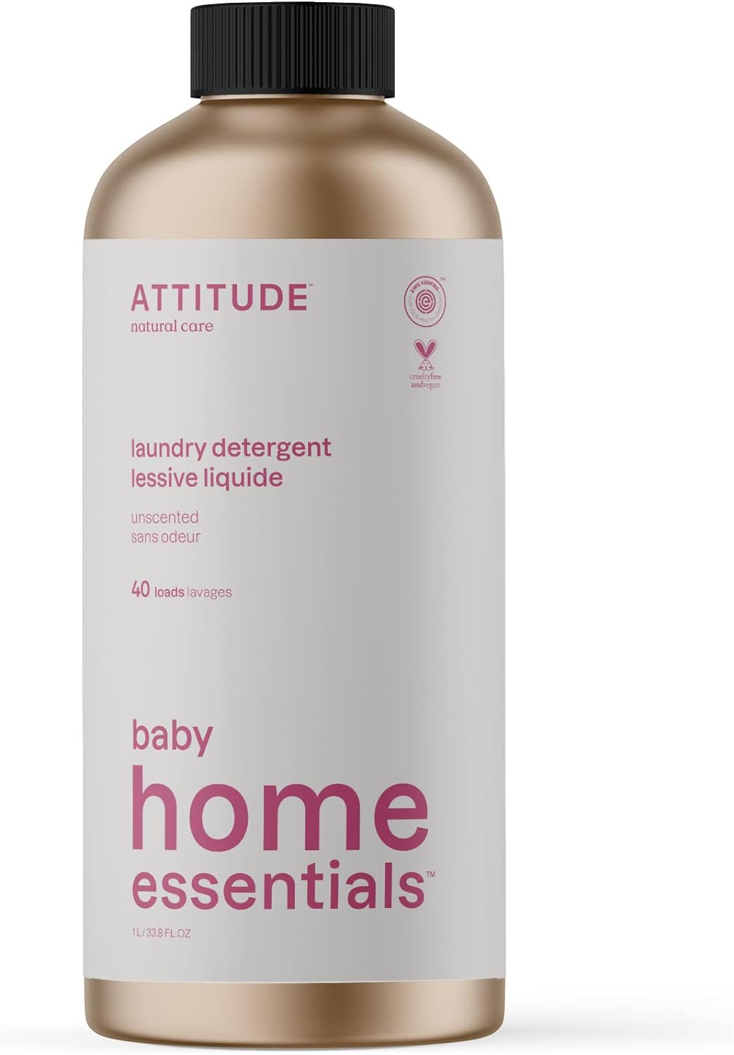 ATTITUDE Baby Laundry Detergent Liquid, EWG Verified, Safe for Baby Clothes, Infant, Newborn, Vegan, Naturally Derived Washing Soap, HE Compatible, Refillable Bottle, 40 Loads, Unscented, 33.8 Fl Oz
